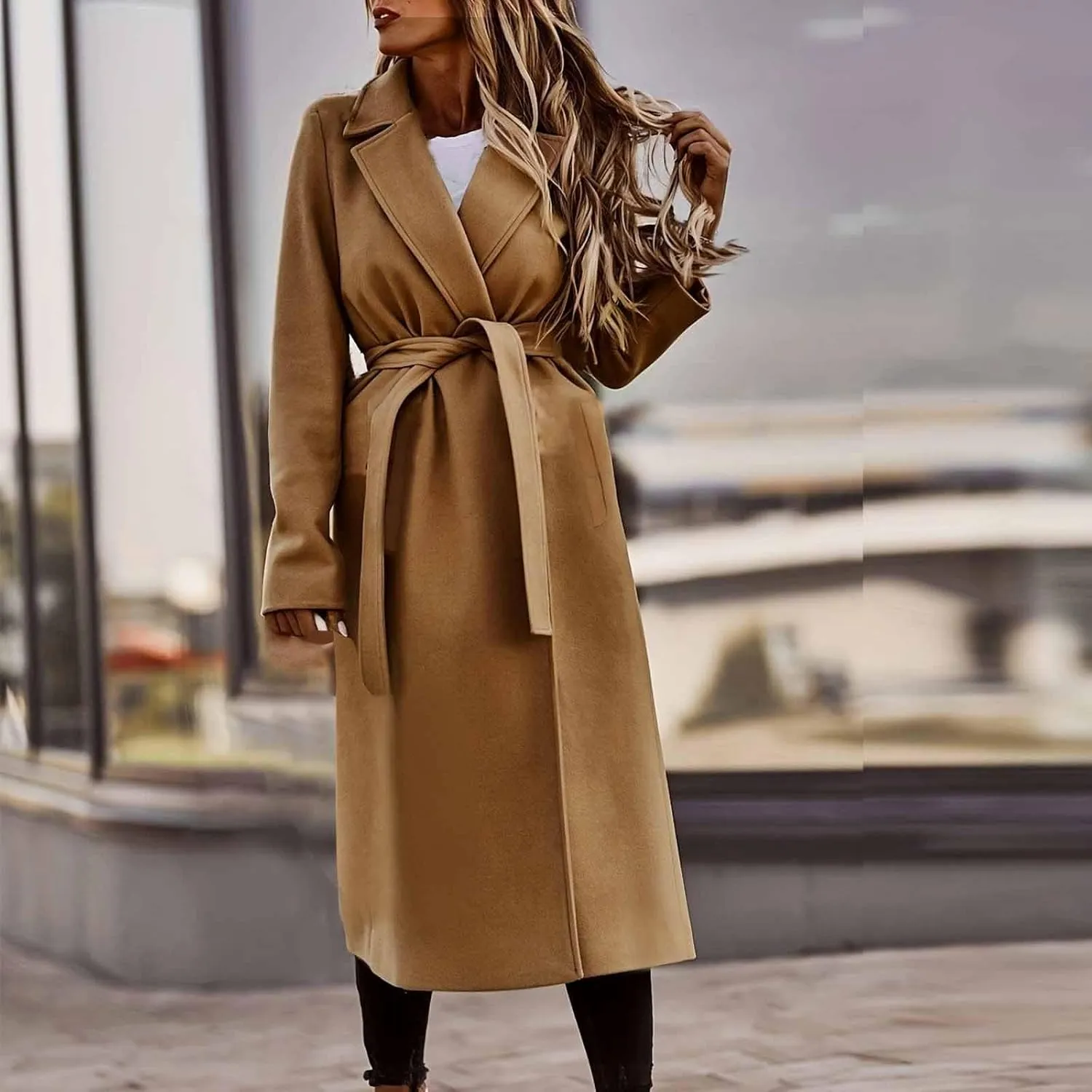 Womens Winter Trench Coat Casual Notch Collarde Long Length Pea Coats Elegant Belted Loose Windbreaker Overcoats