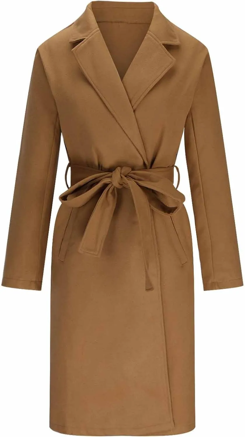 Womens Winter Trench Coat Casual Notch Collarde Long Length Pea Coats Elegant Belted Loose Windbreaker Overcoats