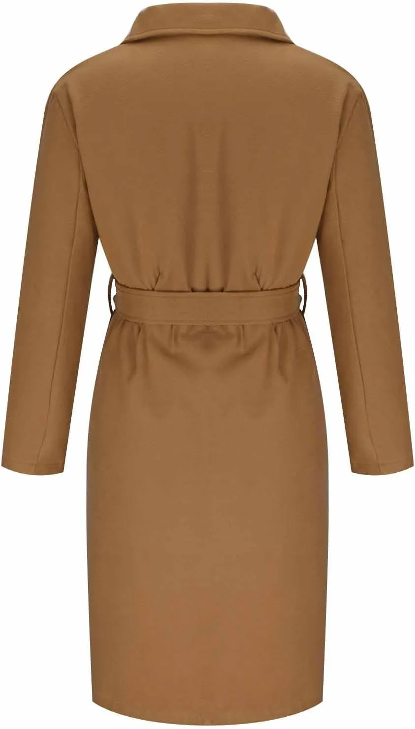 Womens Winter Trench Coat Casual Notch Collarde Long Length Pea Coats Elegant Belted Loose Windbreaker Overcoats