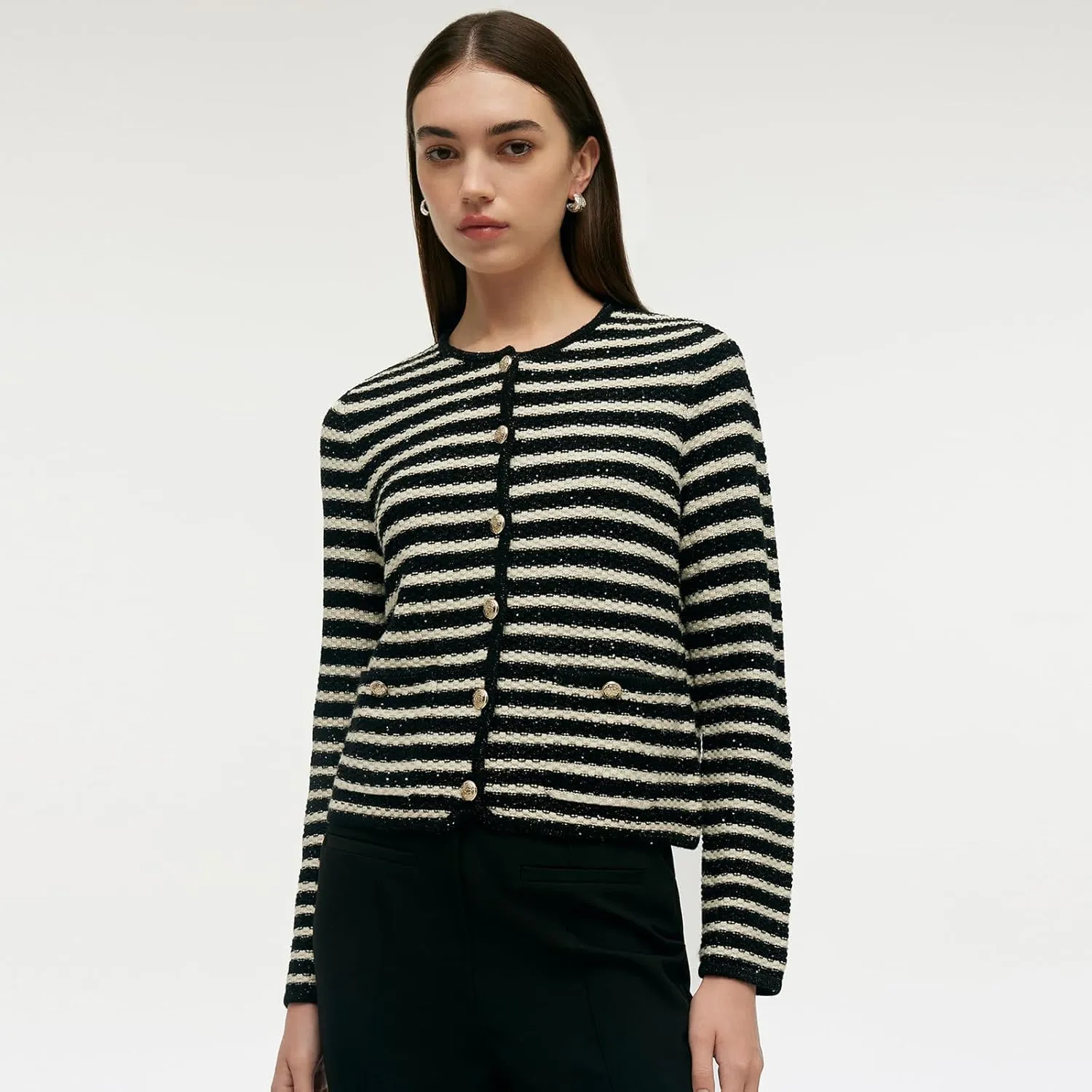 Women's Wool Casual Dressy Striped Cardigan Sweaters Crew Neck Button Up Cropped Blazer with Pockets