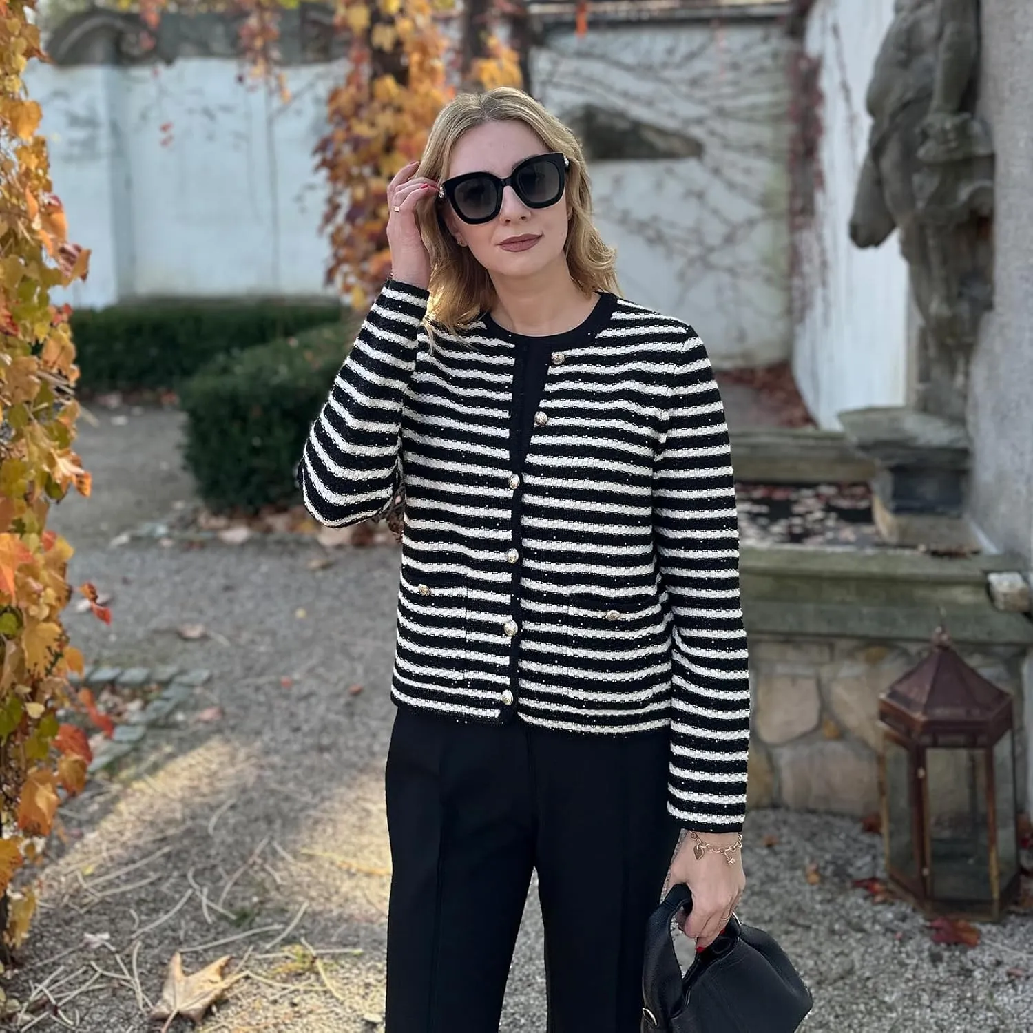 Women's Wool Casual Dressy Striped Cardigan Sweaters Crew Neck Button Up Cropped Blazer with Pockets