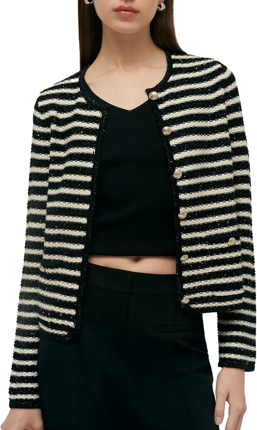 Women's Wool Casual Dressy Striped Cardigan Sweaters Crew Neck Button Up Cropped Blazer with Pockets