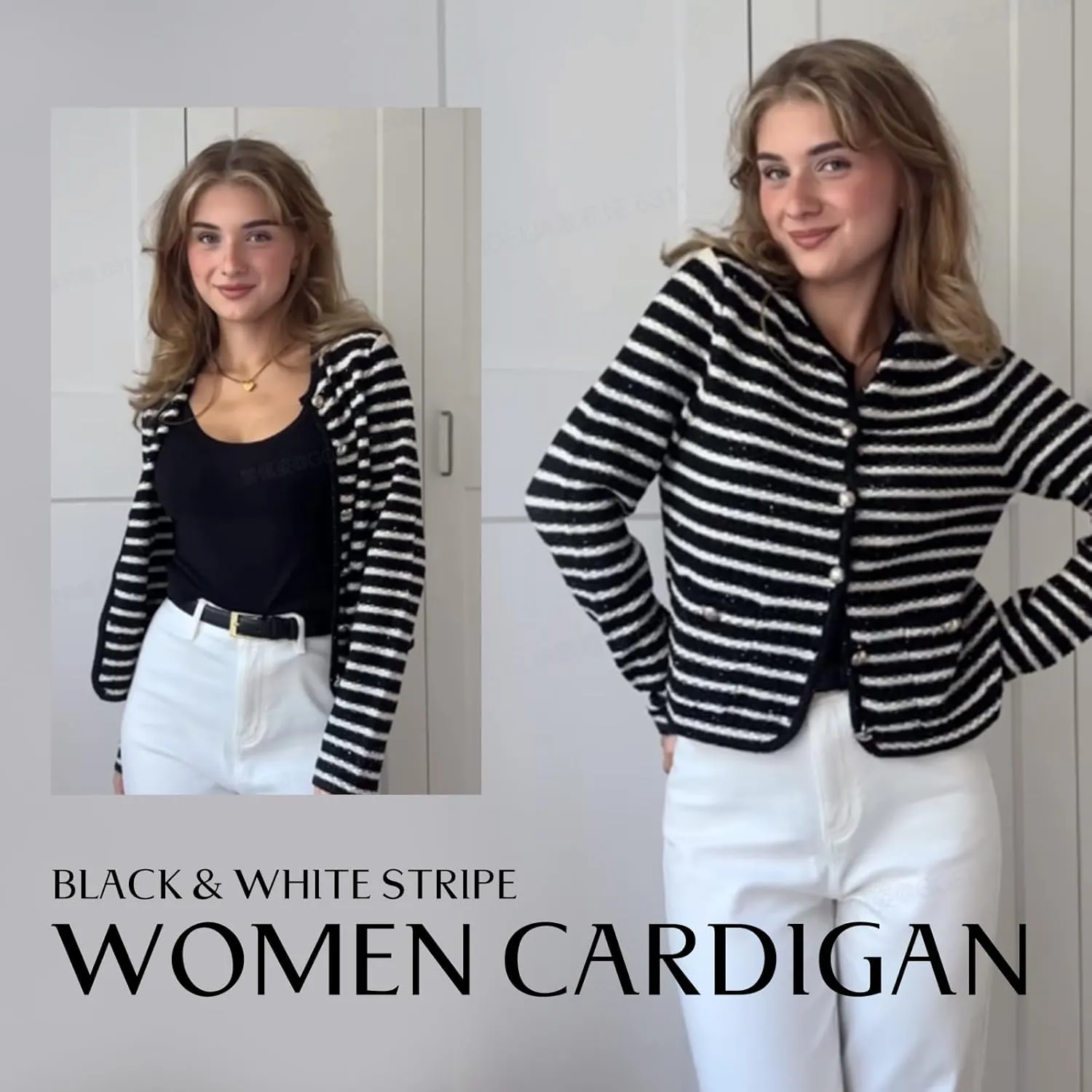 Women's Wool Casual Dressy Striped Cardigan Sweaters Crew Neck Button Up Cropped Blazer with Pockets