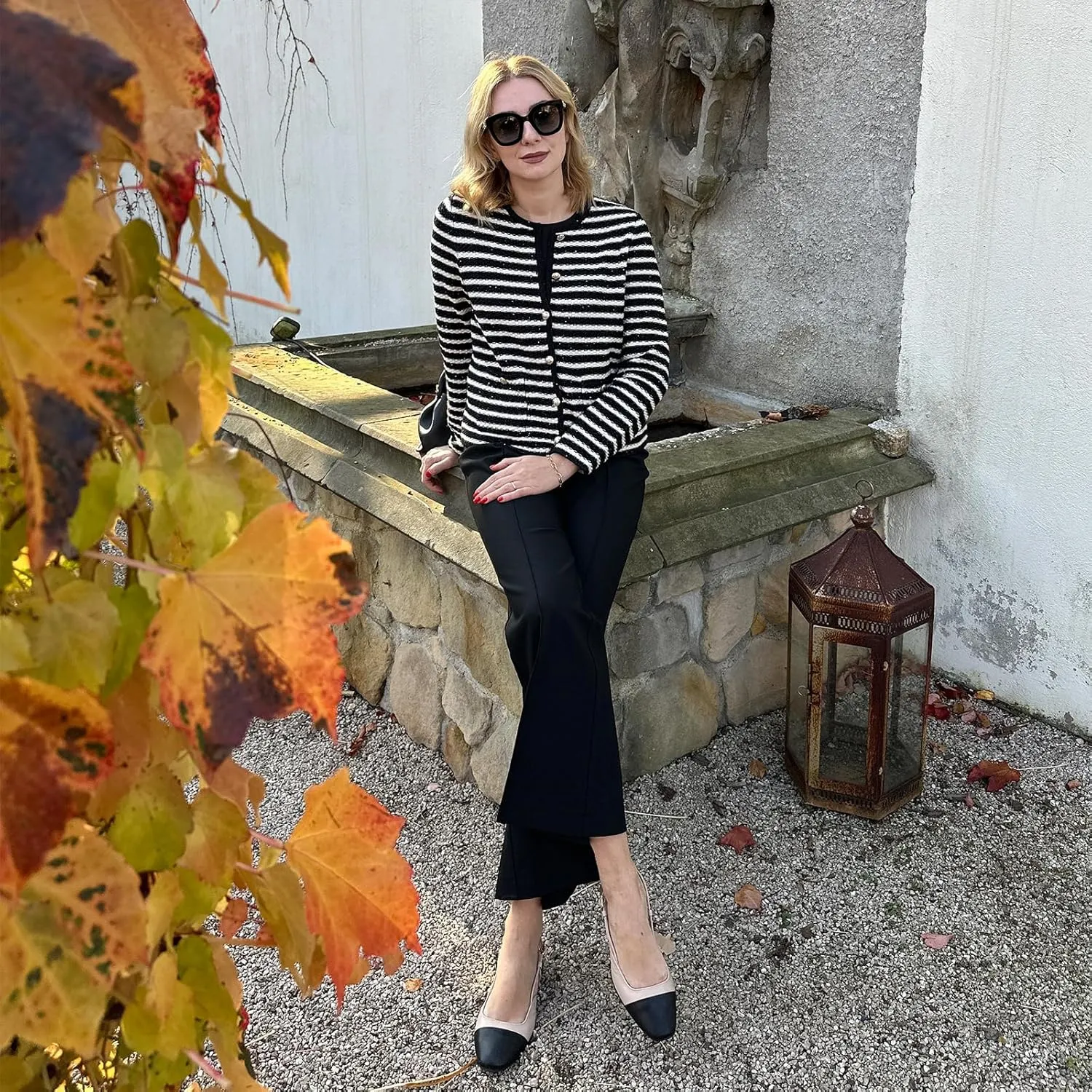 Women's Wool Casual Dressy Striped Cardigan Sweaters Crew Neck Button Up Cropped Blazer with Pockets