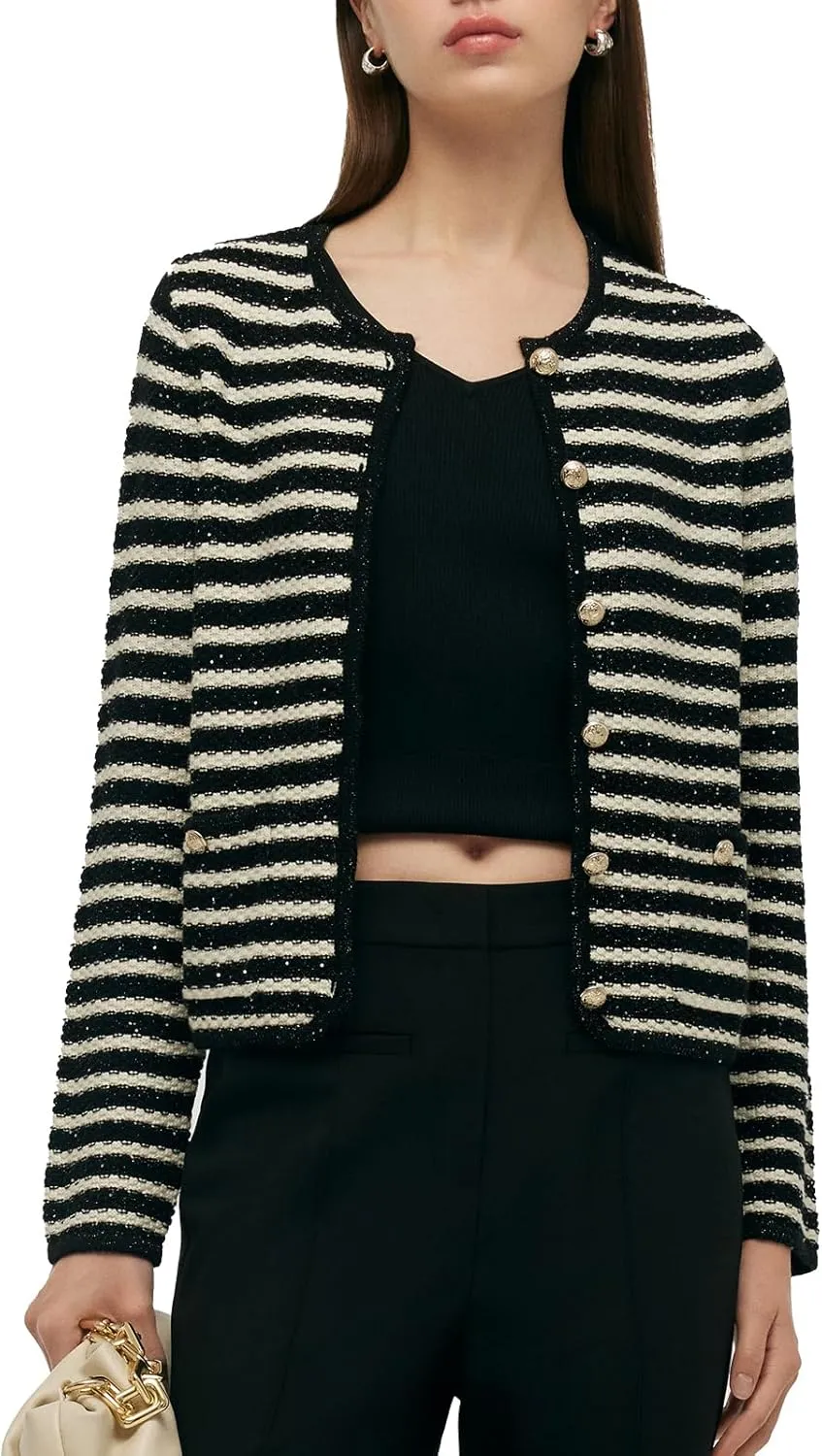 Women's Wool Casual Dressy Striped Cardigan Sweaters Crew Neck Button Up Cropped Blazer with Pockets