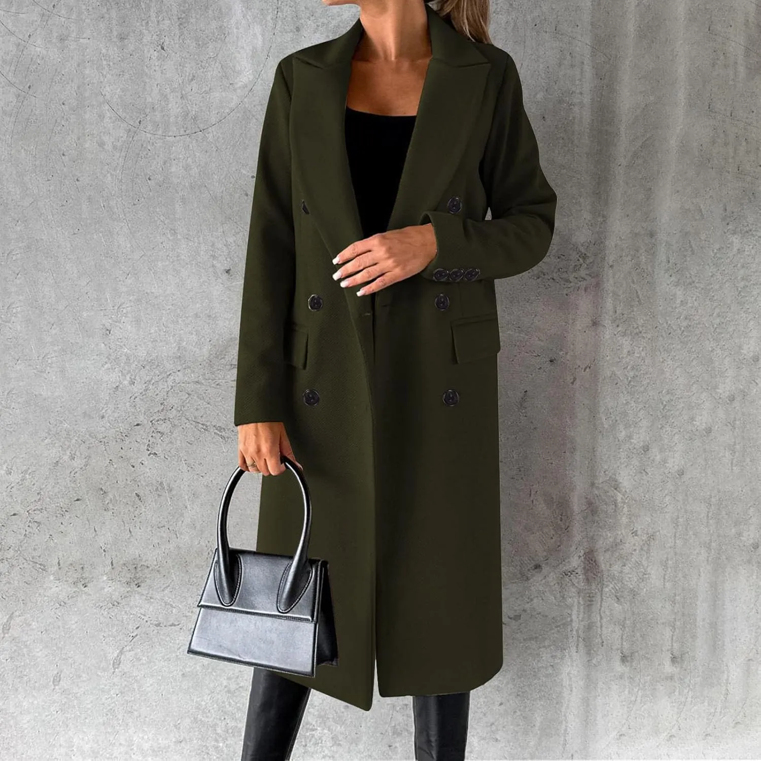 Womens Wool Coat Double Breasted Long Trench Coat 2024 Fall Winter Warm Thick Pea Coat Outerwear With Pockets