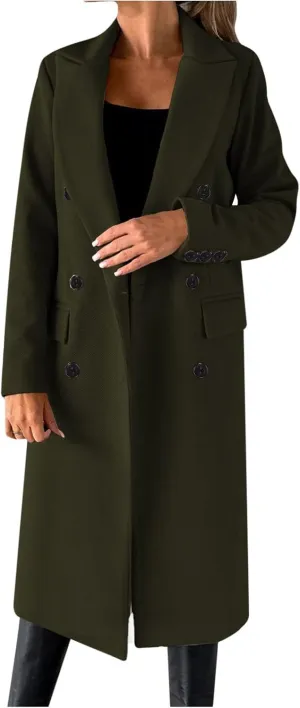 Womens Wool Coat Double Breasted Long Trench Coat 2024 Fall Winter Warm Thick Pea Coat Outerwear With Pockets