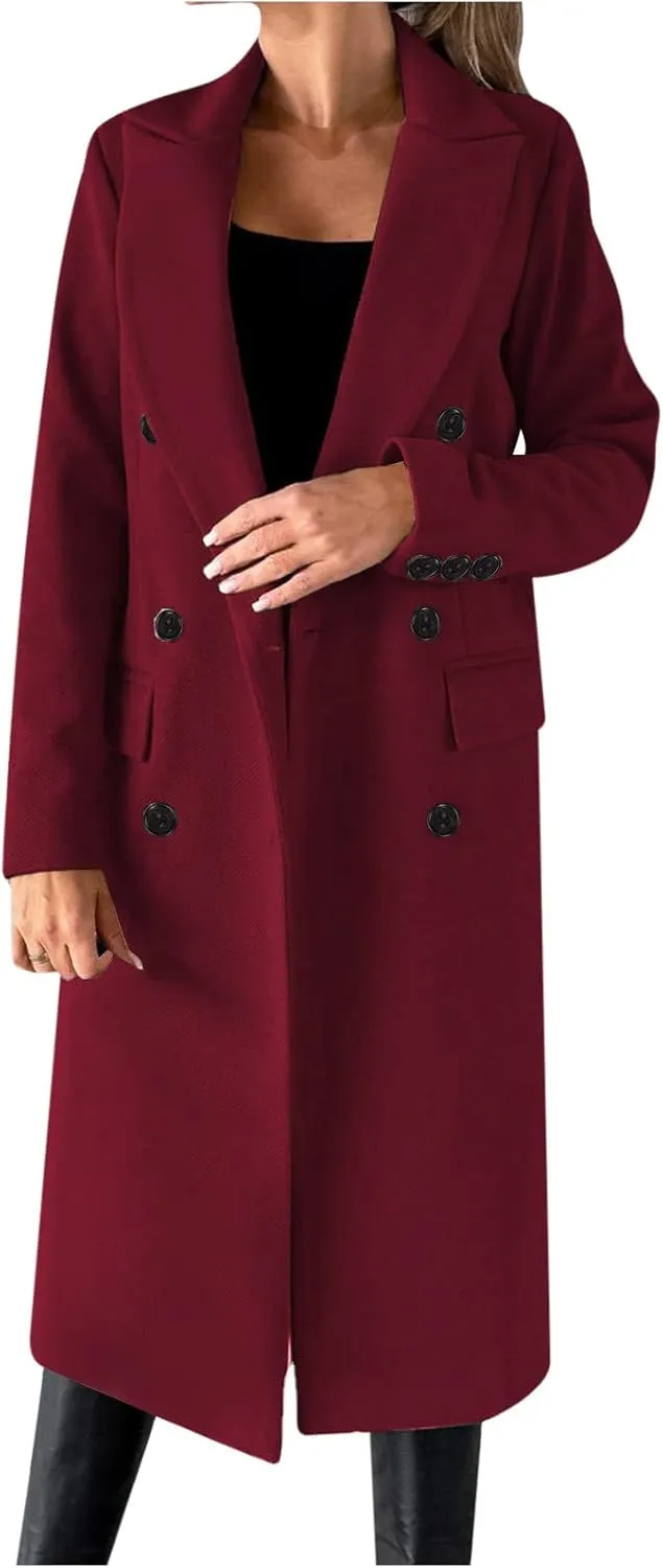Womens Wool Coat Double Breasted Long Trench Coat 2024 Fall Winter Warm Thick Pea Coat Outerwear With Pockets