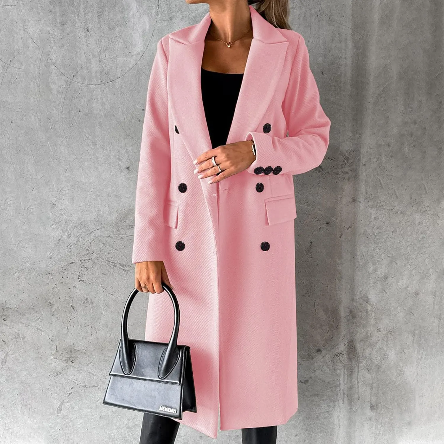 Womens Wool Coat Double Breasted Long Trench Coat 2024 Fall Winter Warm Thick Pea Coat Outerwear With Pockets