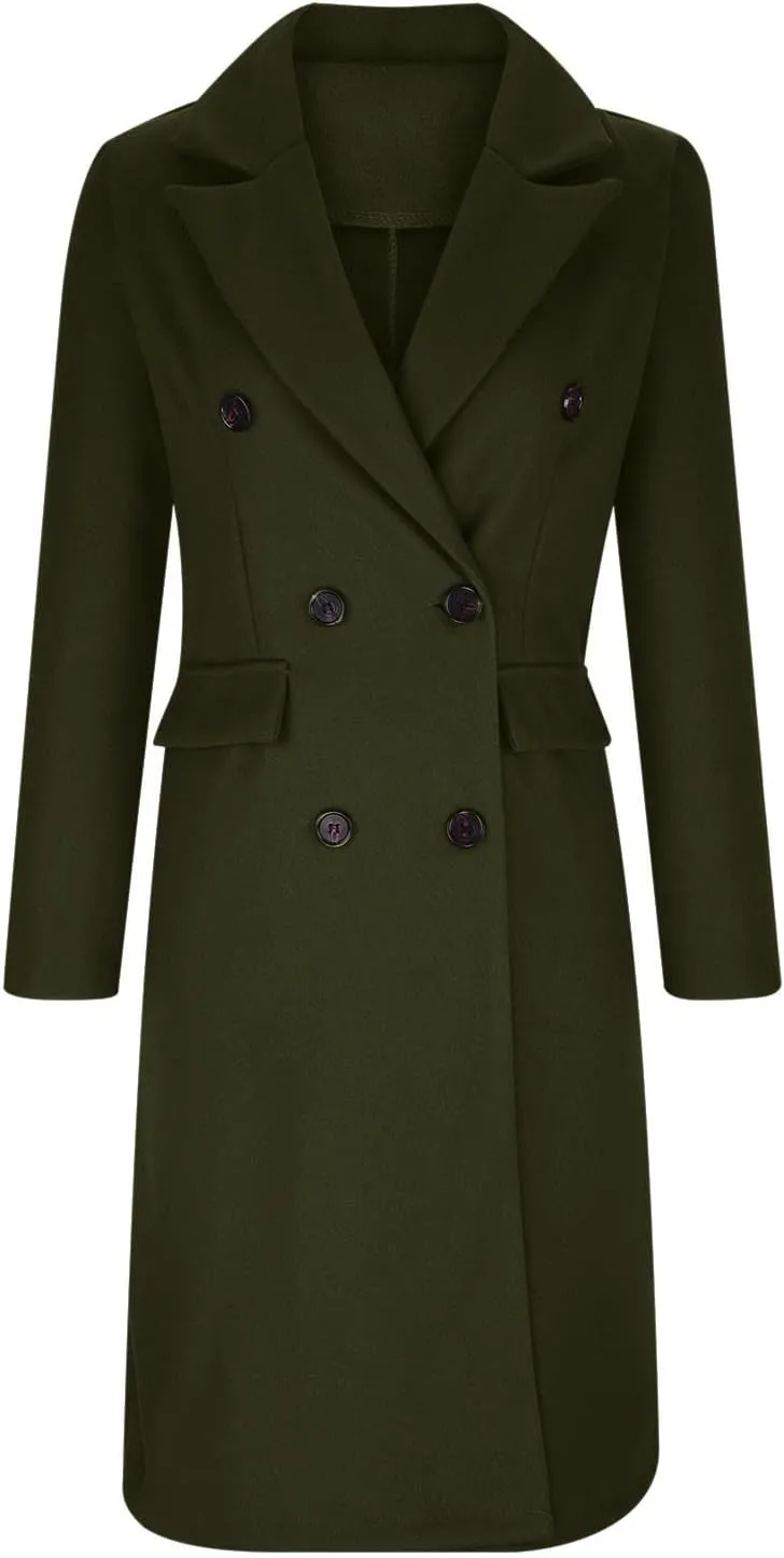 Womens Wool Coat Double Breasted Long Trench Coat 2024 Fall Winter Warm Thick Pea Coat Outerwear With Pockets