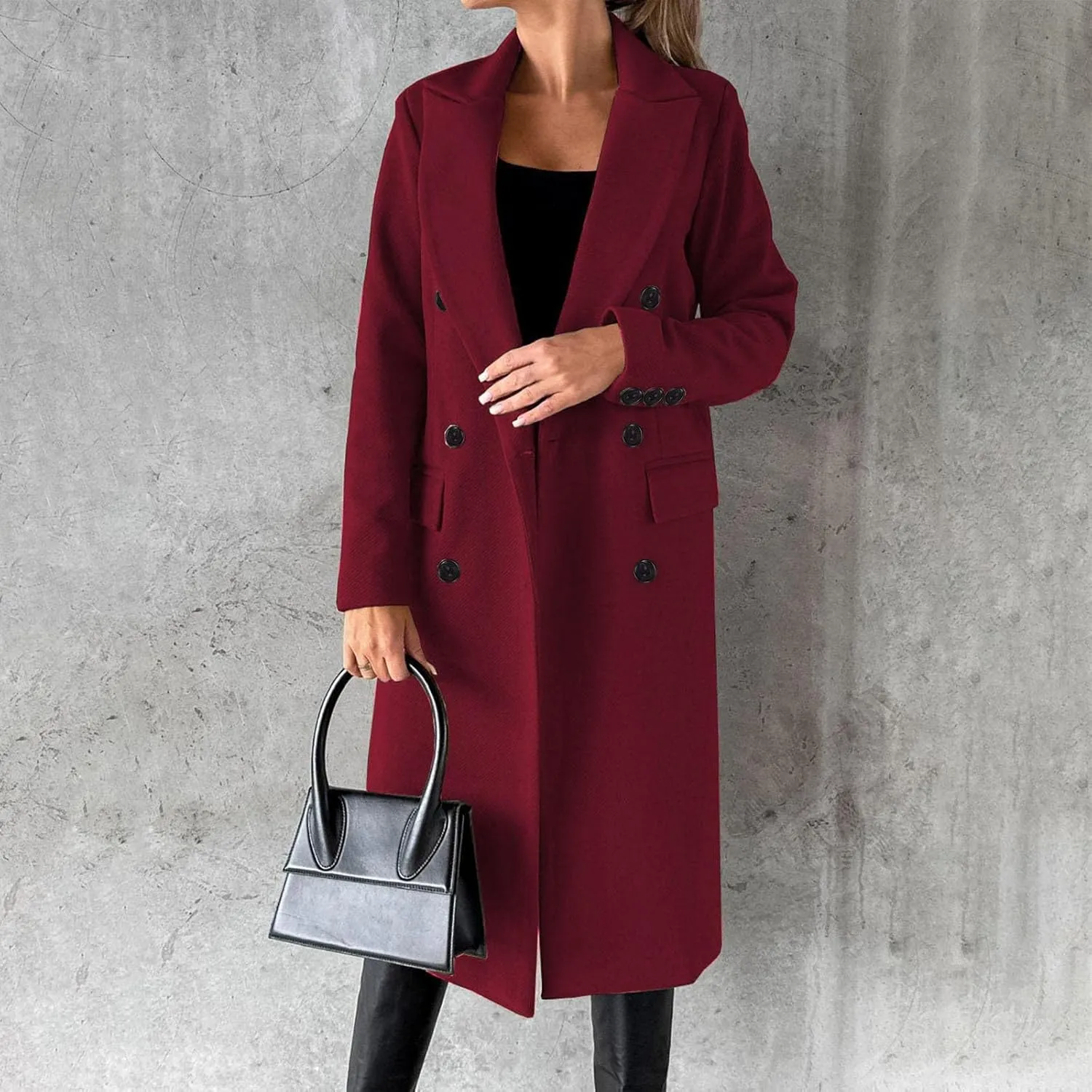 Womens Wool Coat Double Breasted Long Trench Coat 2024 Fall Winter Warm Thick Pea Coat Outerwear With Pockets