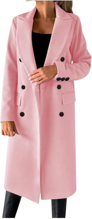 Womens Wool Coat Double Breasted Long Trench Coat 2024 Fall Winter Warm Thick Pea Coat Outerwear With Pockets