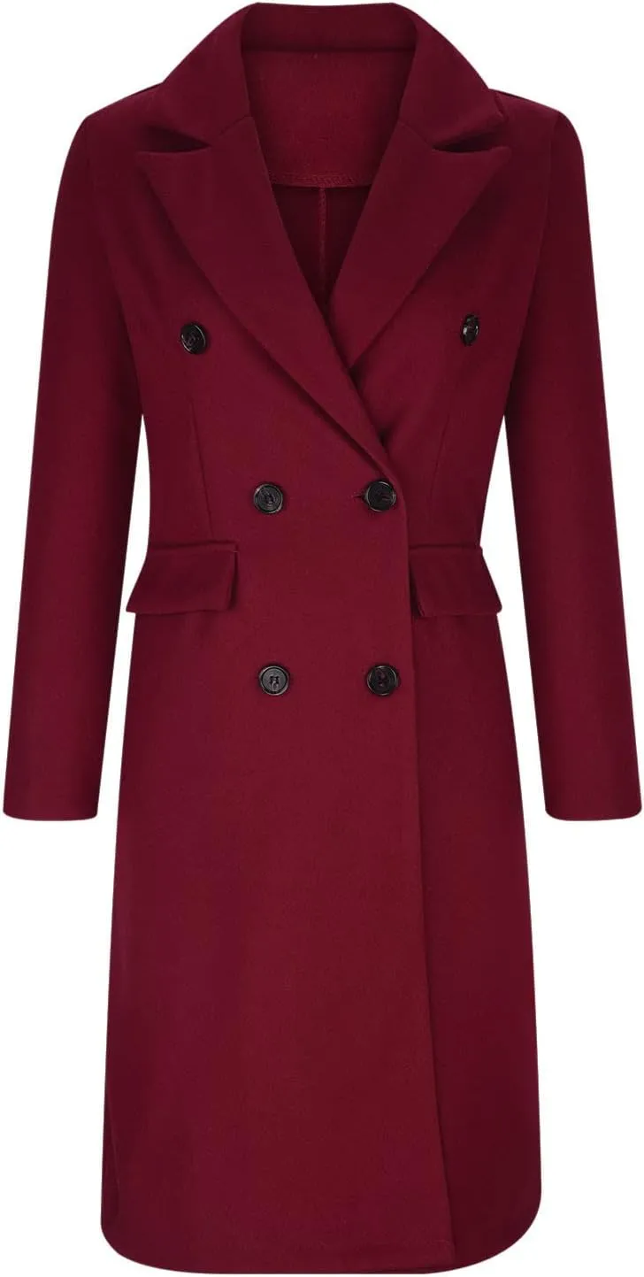 Womens Wool Coat Double Breasted Long Trench Coat 2024 Fall Winter Warm Thick Pea Coat Outerwear With Pockets