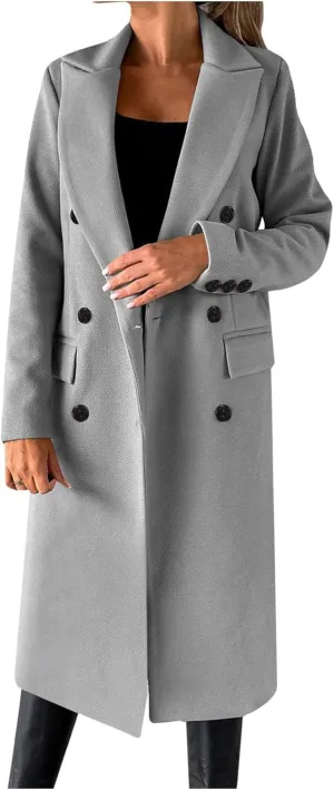 Womens Wool Coat Double Breasted Long Trench Coat 2024 Fall Winter Warm Thick Pea Coat Outerwear With Pockets