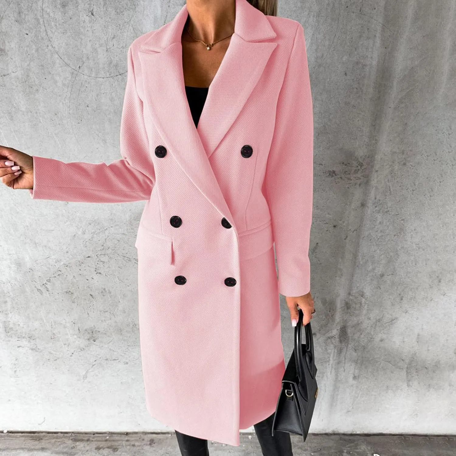 Womens Wool Coat Double Breasted Long Trench Coat 2024 Fall Winter Warm Thick Pea Coat Outerwear With Pockets