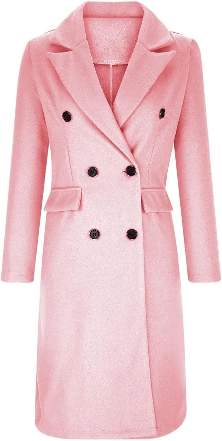 Womens Wool Coat Double Breasted Long Trench Coat 2024 Fall Winter Warm Thick Pea Coat Outerwear With Pockets