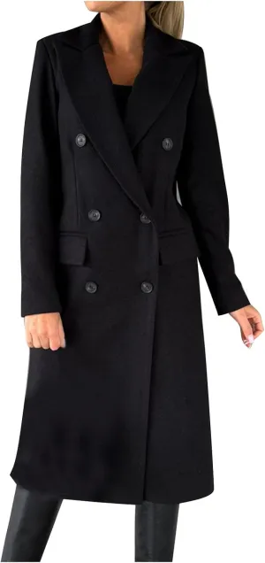 Womens Wool Coat Double Breasted Long Trench Coat 2024 Fall Winter Warm Thick Pea Coat Outerwear With Pockets
