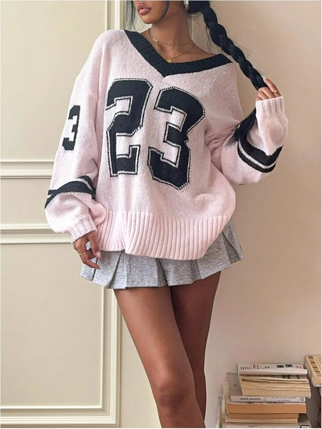 Women's Y2K Sweaters Letter Print Oversized Sweaters Long Sleeve V Neck Pullover Sweater Jumper Top Knit Jersey Shirt