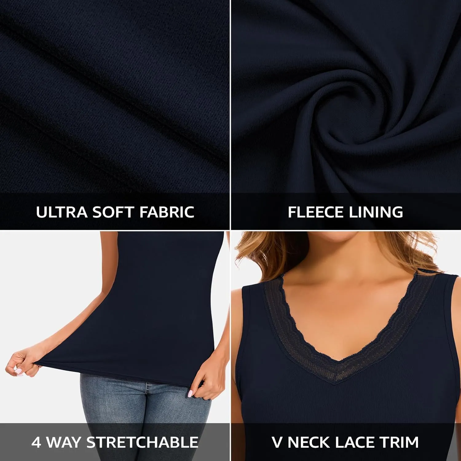 WOWENY Sleeveless Thermal Fleece Tank Top for Women V Neck Lace Tops Camisole Warm Base Layer Underwear Cold Weather