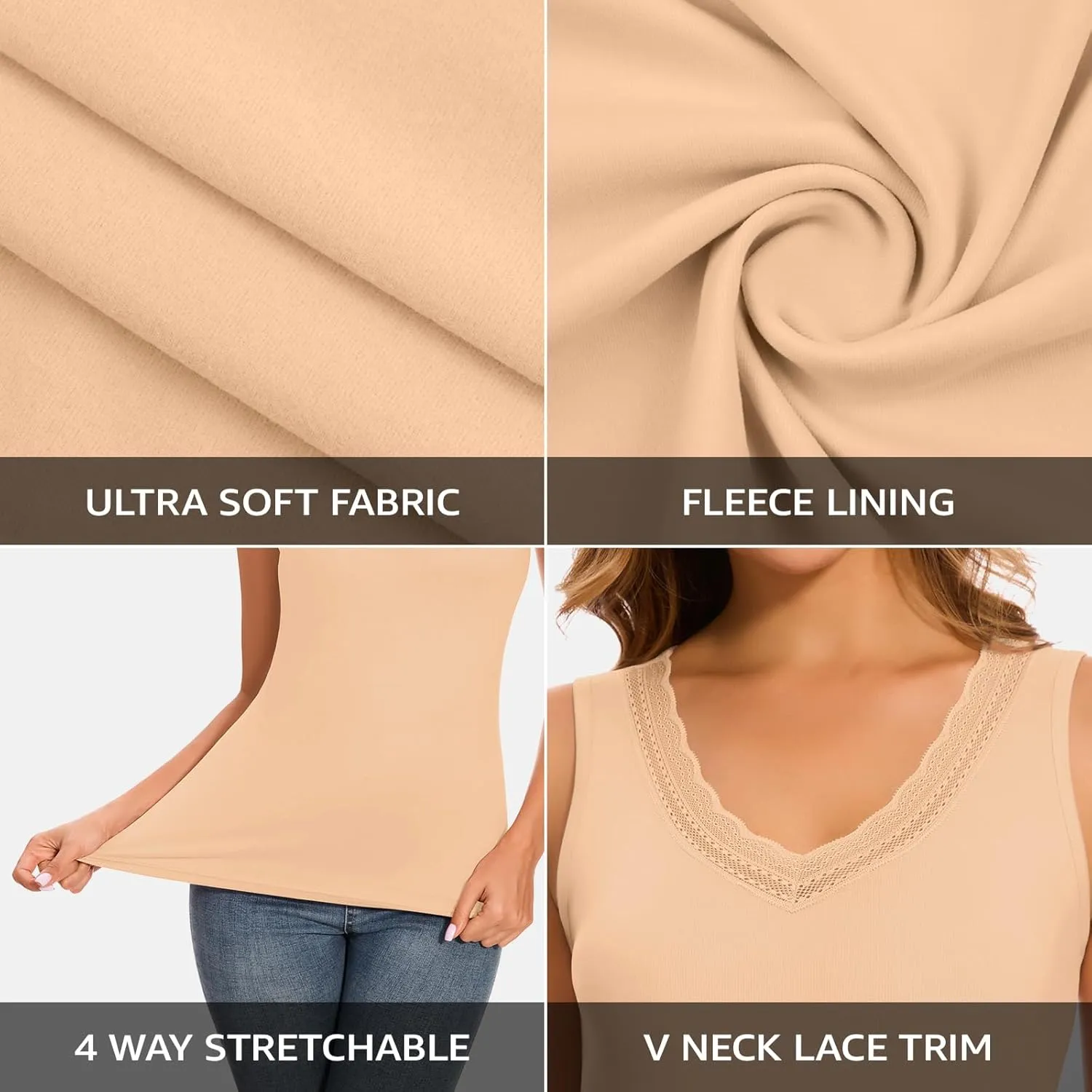 WOWENY Sleeveless Thermal Fleece Tank Top for Women V Neck Lace Tops Camisole Warm Base Layer Underwear Cold Weather