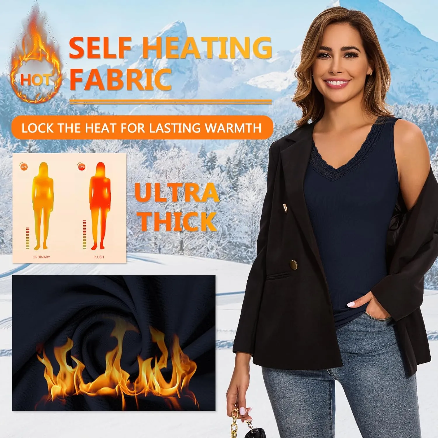 WOWENY Sleeveless Thermal Fleece Tank Top for Women V Neck Lace Tops Camisole Warm Base Layer Underwear Cold Weather