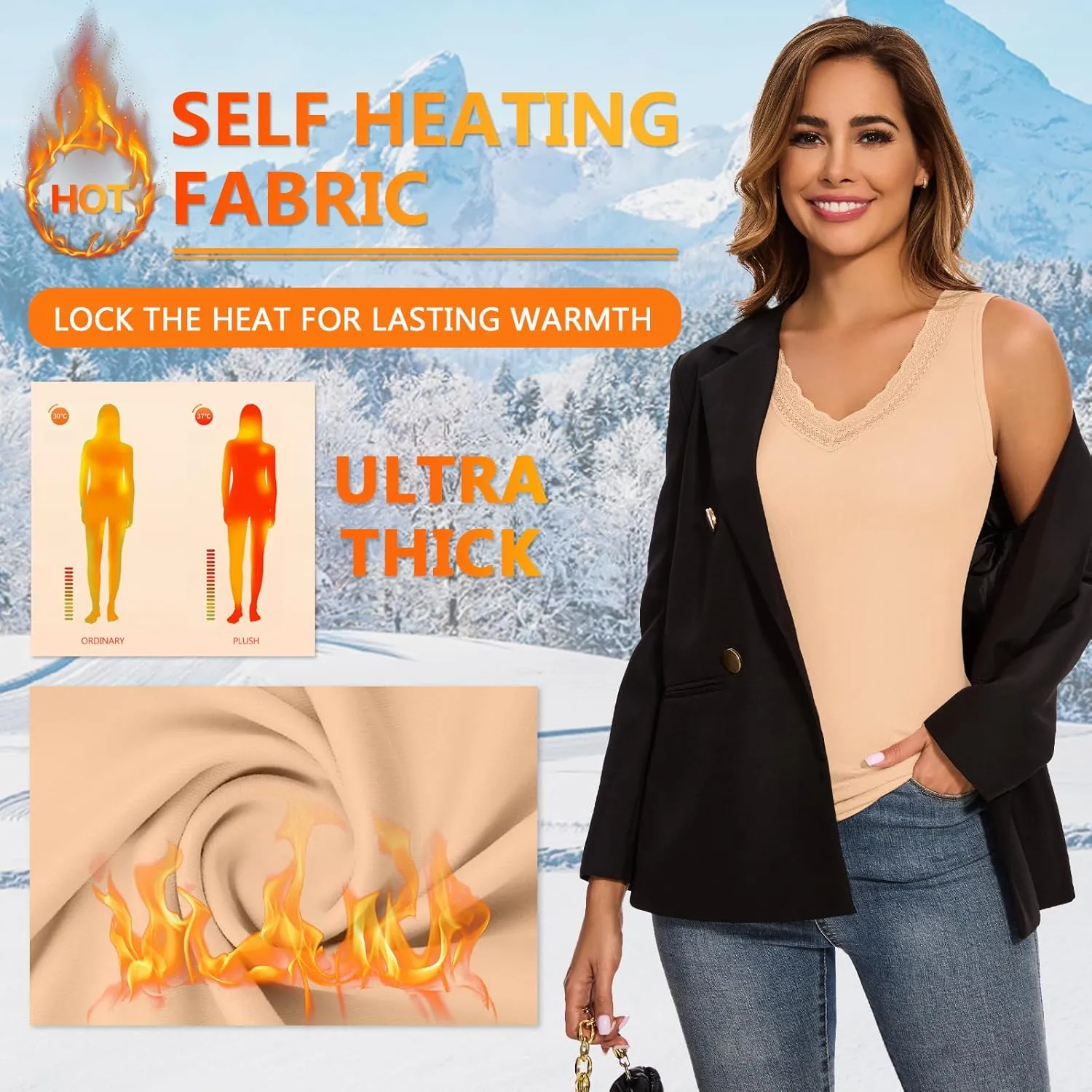 WOWENY Sleeveless Thermal Fleece Tank Top for Women V Neck Lace Tops Camisole Warm Base Layer Underwear Cold Weather