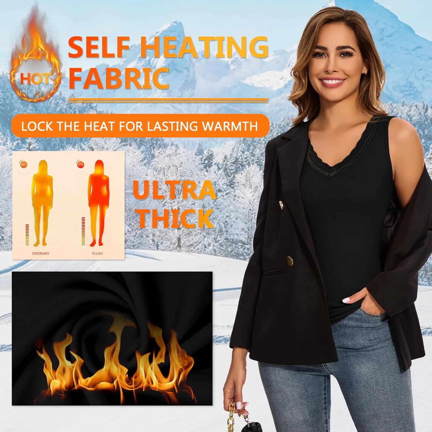 WOWENY Sleeveless Thermal Fleece Tank Top for Women V Neck Lace Tops Camisole Warm Base Layer Underwear Cold Weather