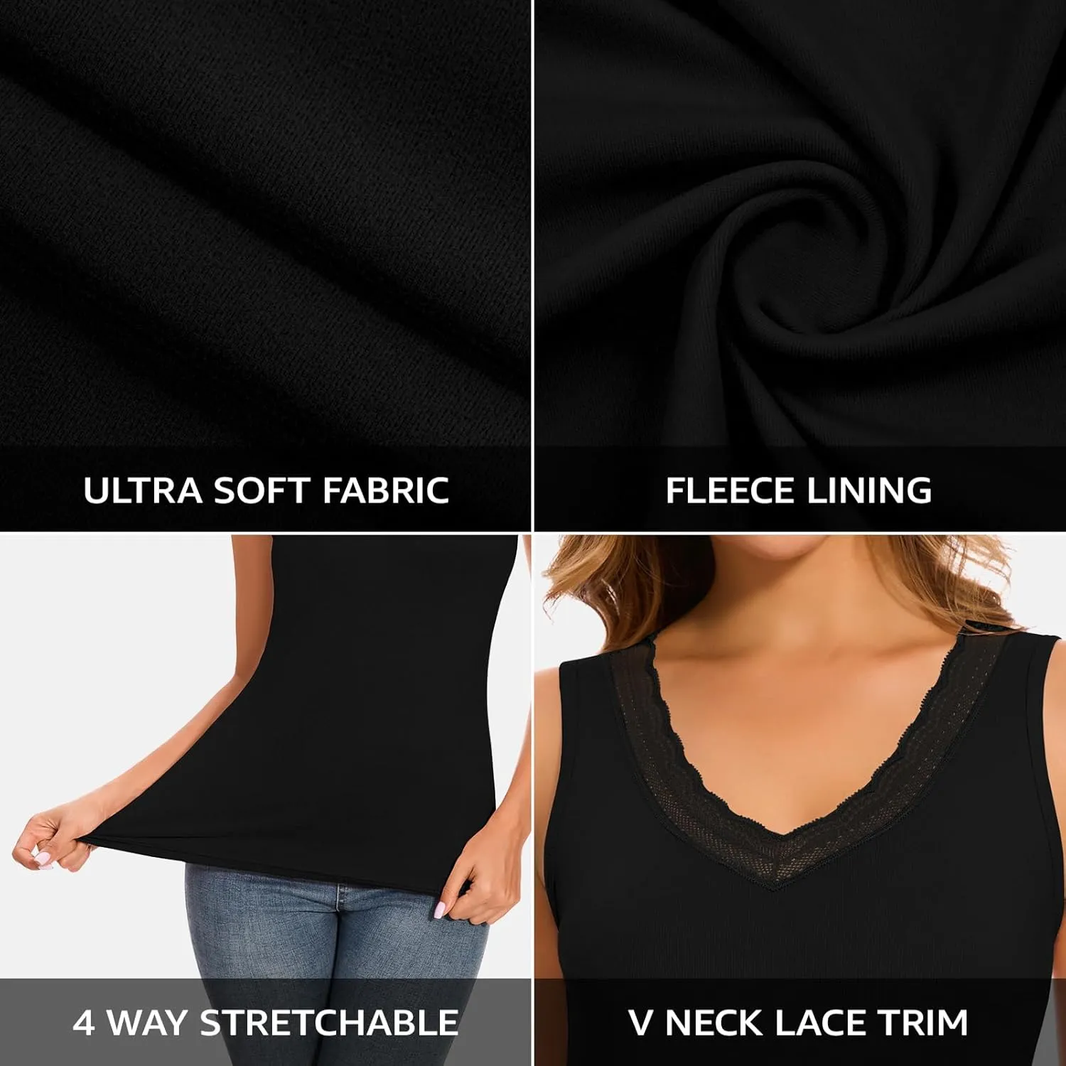 WOWENY Sleeveless Thermal Fleece Tank Top for Women V Neck Lace Tops Camisole Warm Base Layer Underwear Cold Weather