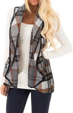 YACUN Women Plaid Vest Lapel Open Front Sleeveless Jacket Outerwear Cardigan with Pockets