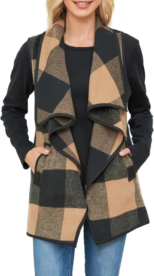 YACUN Women Plaid Vest Lapel Open Front Sleeveless Jacket Outerwear Cardigan with Pockets