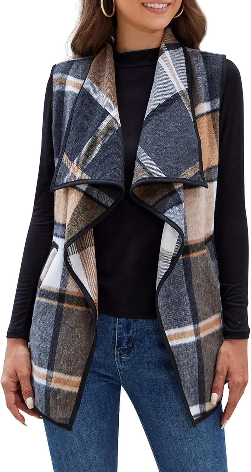 YACUN Women Plaid Vest Lapel Open Front Sleeveless Jacket Outerwear Cardigan with Pockets