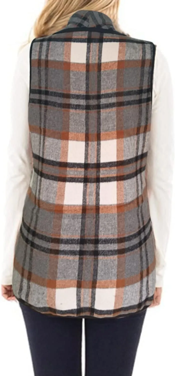 YACUN Women Plaid Vest Lapel Open Front Sleeveless Jacket Outerwear Cardigan with Pockets