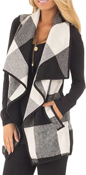 YACUN Women Plaid Vest Lapel Open Front Sleeveless Jacket Outerwear Cardigan with Pockets