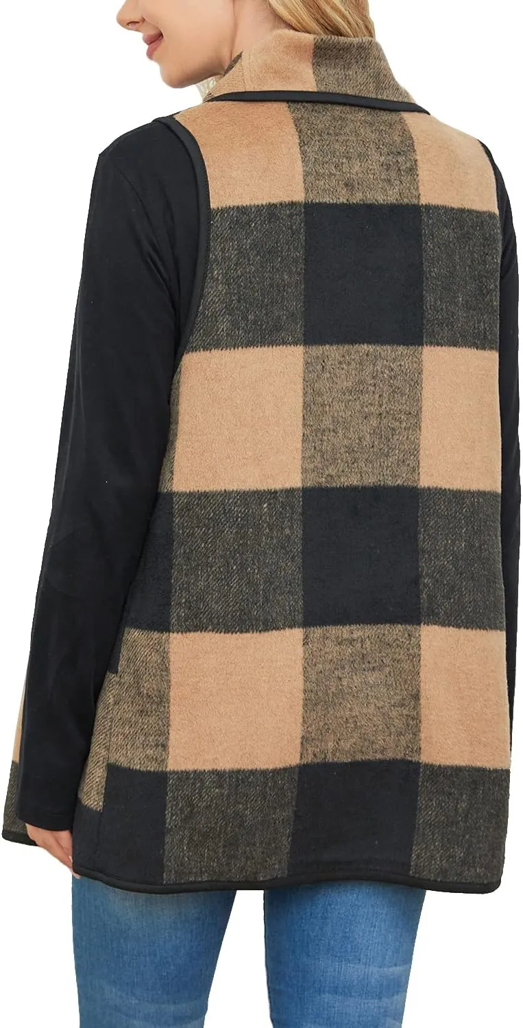 YACUN Women Plaid Vest Lapel Open Front Sleeveless Jacket Outerwear Cardigan with Pockets
