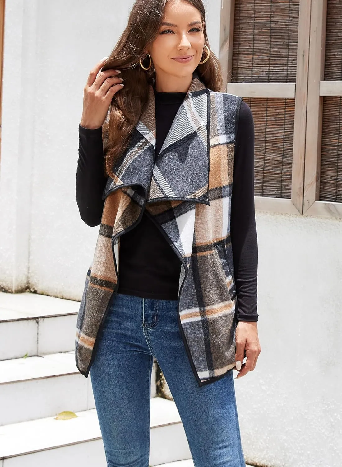 YACUN Women Plaid Vest Lapel Open Front Sleeveless Jacket Outerwear Cardigan with Pockets