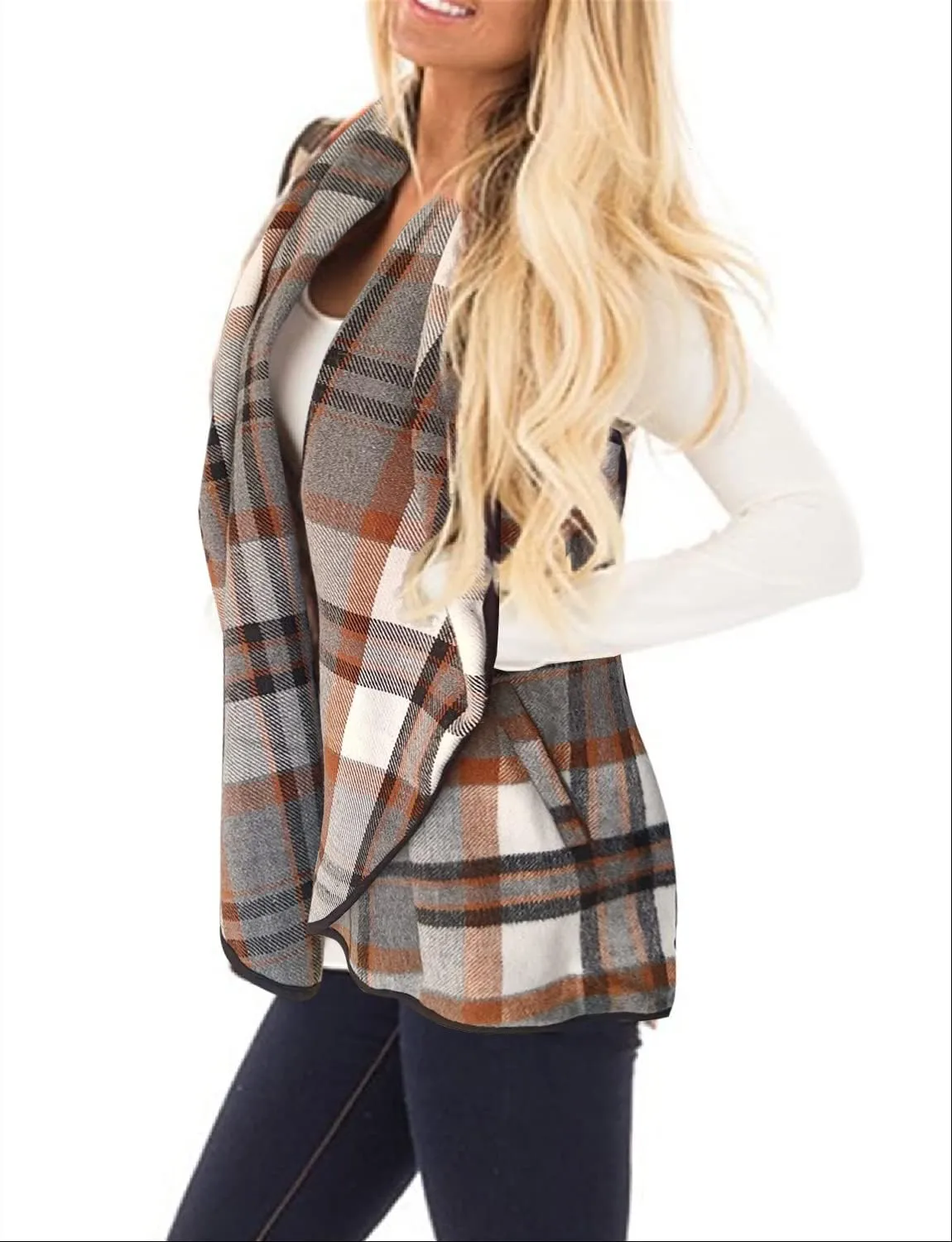 YACUN Women Plaid Vest Lapel Open Front Sleeveless Jacket Outerwear Cardigan with Pockets