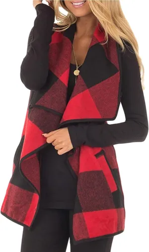 YACUN Women Plaid Vest Lapel Open Front Sleeveless Jacket Outerwear Cardigan with Pockets
