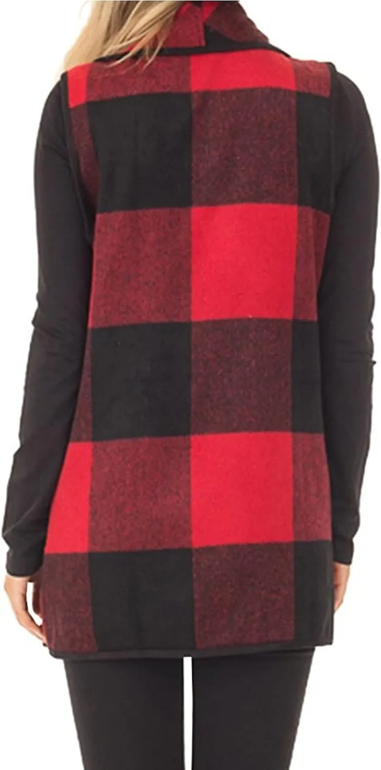 YACUN Women Plaid Vest Lapel Open Front Sleeveless Jacket Outerwear Cardigan with Pockets