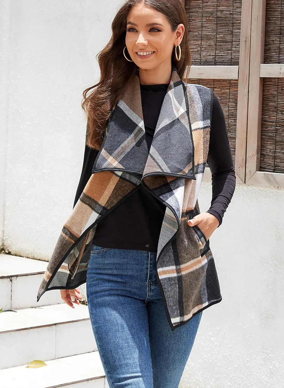 YACUN Women Plaid Vest Lapel Open Front Sleeveless Jacket Outerwear Cardigan with Pockets