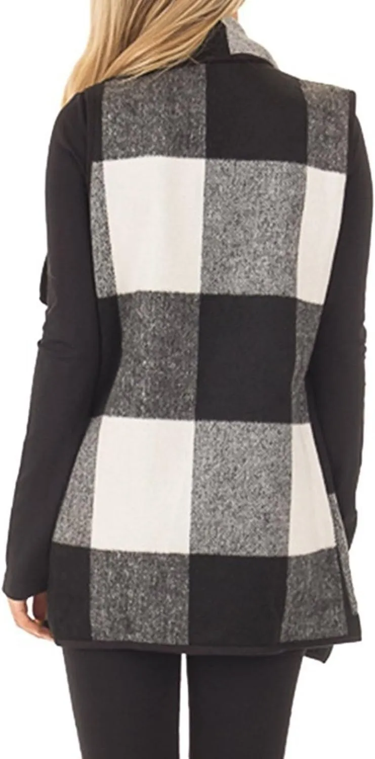 YACUN Women Plaid Vest Lapel Open Front Sleeveless Jacket Outerwear Cardigan with Pockets
