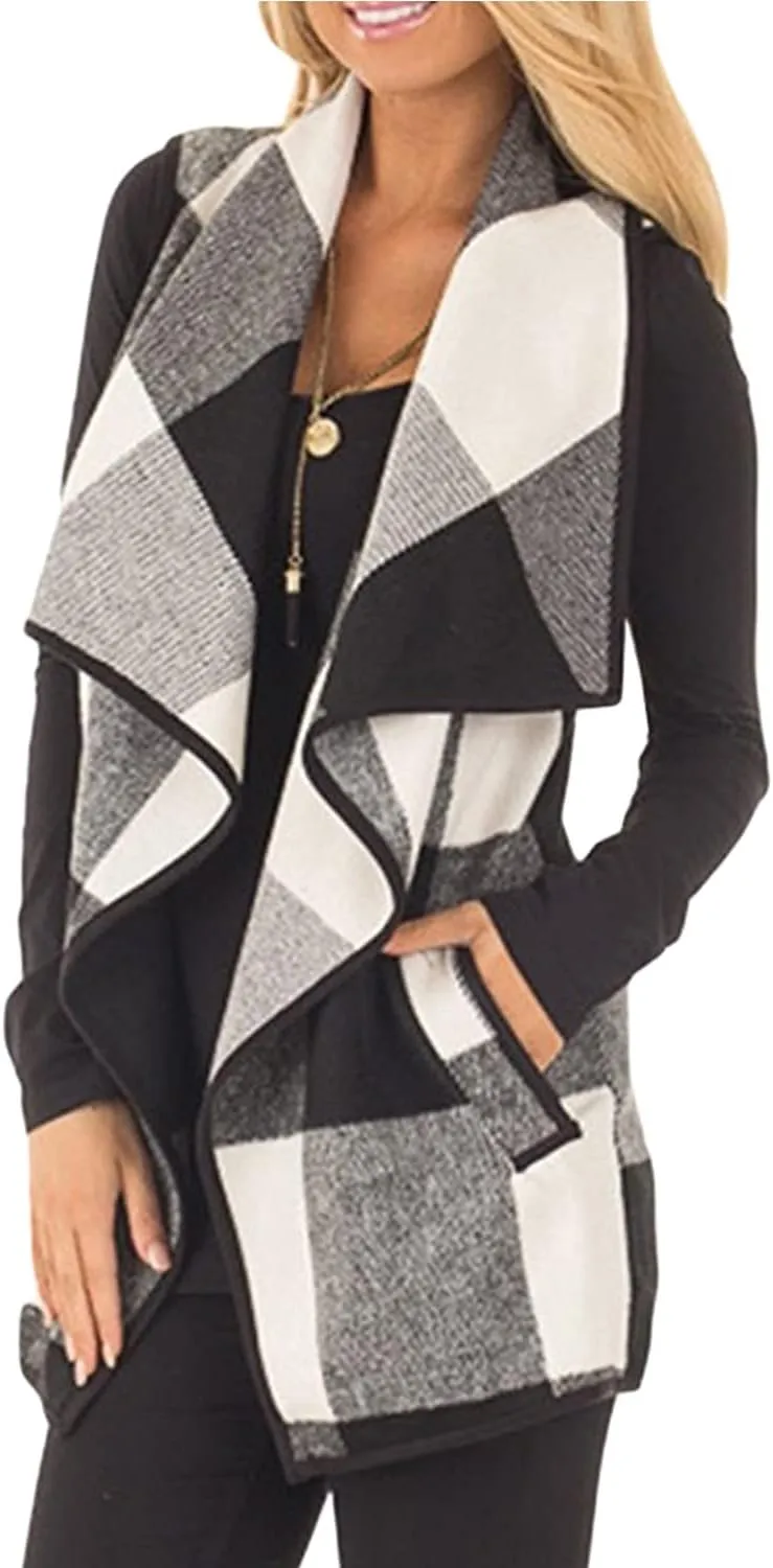 YACUN Women Plaid Vest Lapel Open Front Sleeveless Jacket Outerwear Cardigan with Pockets