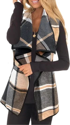 YACUN Women Plaid Vest Lapel Open Front Sleeveless Jacket Outerwear Cardigan with Pockets