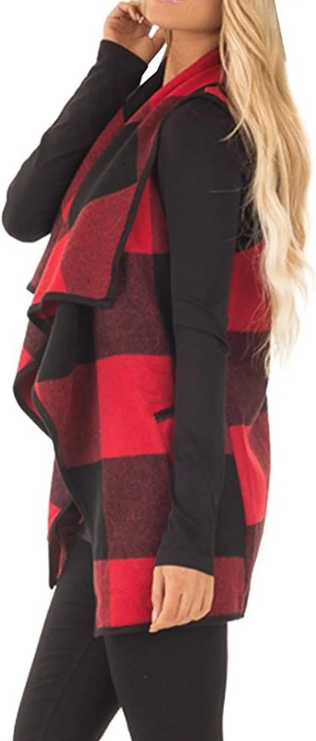 YACUN Women Plaid Vest Lapel Open Front Sleeveless Jacket Outerwear Cardigan with Pockets