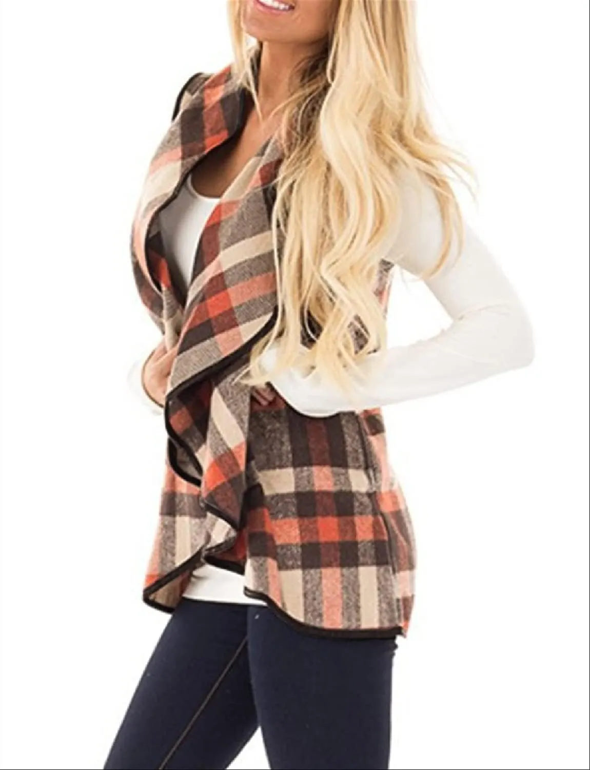 YACUN Women Plaid Vest Lapel Open Front Sleeveless Jacket Outerwear Cardigan with Pockets