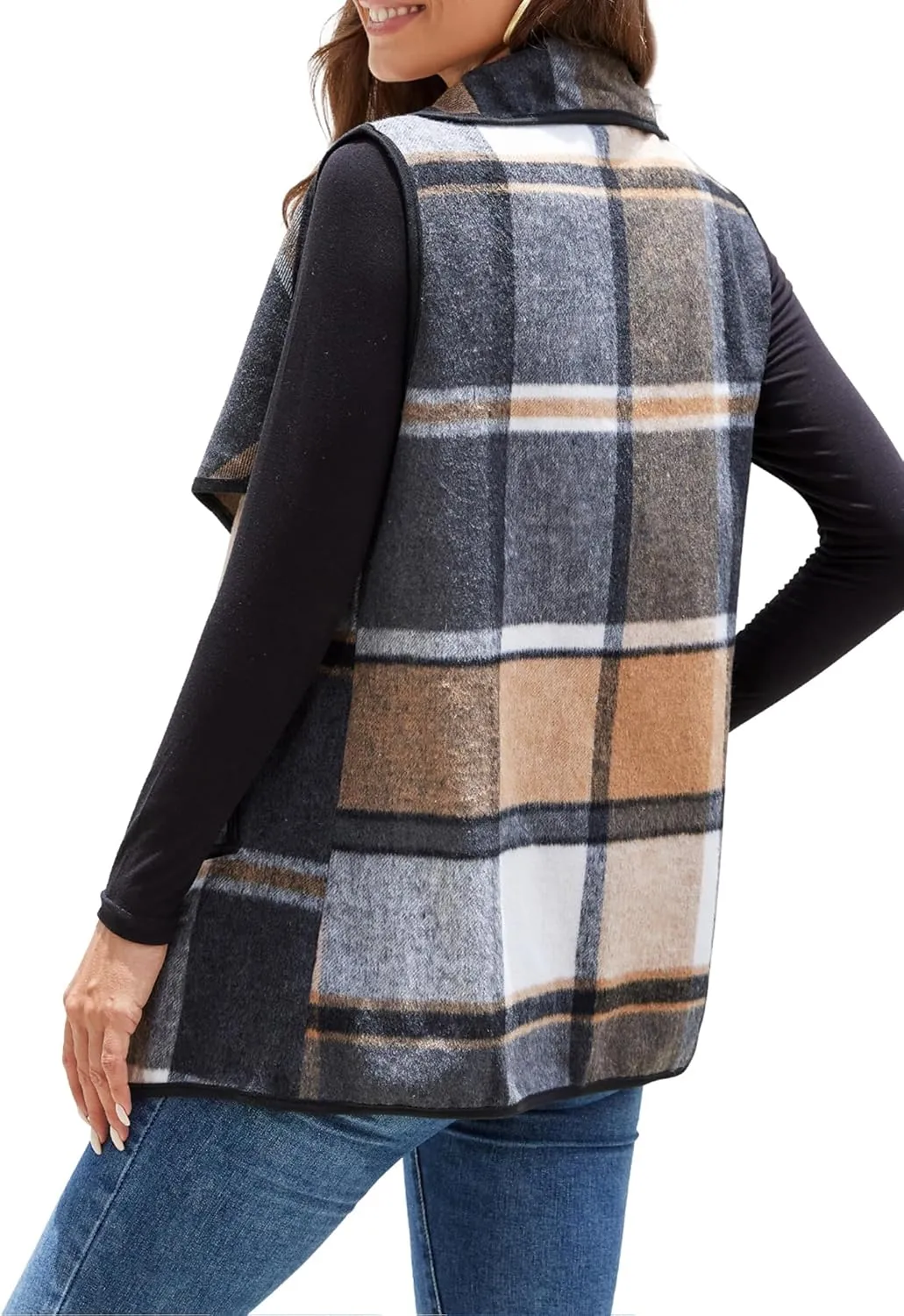 YACUN Women Plaid Vest Lapel Open Front Sleeveless Jacket Outerwear Cardigan with Pockets