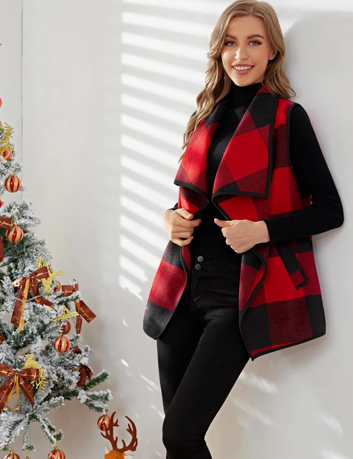YACUN Women Plaid Vest Lapel Open Front Sleeveless Jacket Outerwear Cardigan with Pockets