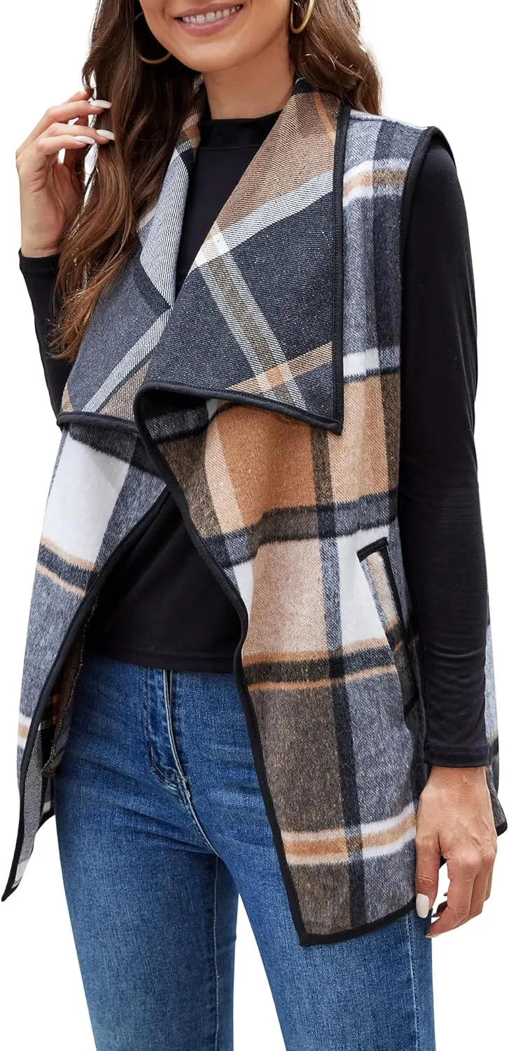 YACUN Women Plaid Vest Lapel Open Front Sleeveless Jacket Outerwear Cardigan with Pockets
