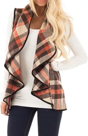 YACUN Women Plaid Vest Lapel Open Front Sleeveless Jacket Outerwear Cardigan with Pockets