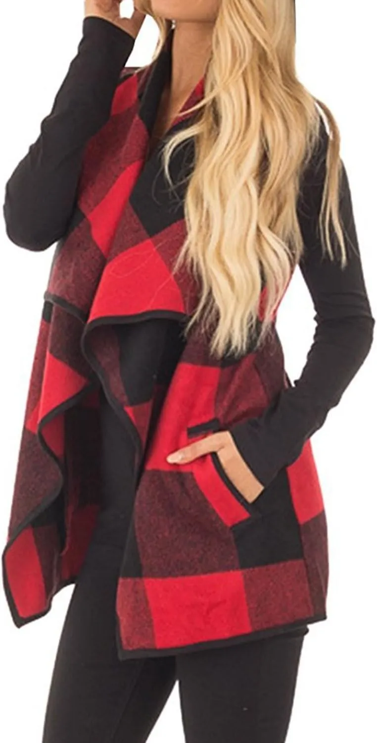 YACUN Women Plaid Vest Lapel Open Front Sleeveless Jacket Outerwear Cardigan with Pockets