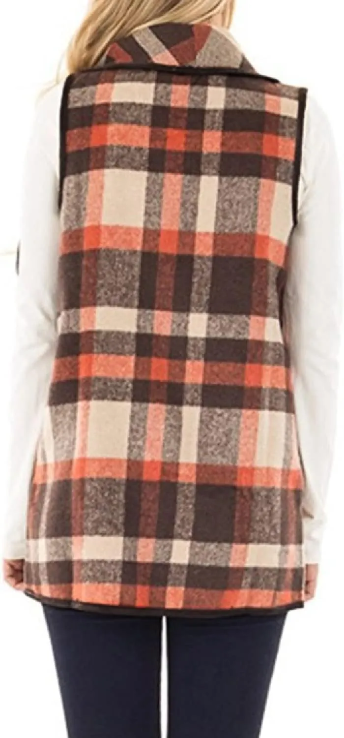 YACUN Women Plaid Vest Lapel Open Front Sleeveless Jacket Outerwear Cardigan with Pockets